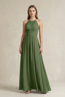 Halter A-Line Chiffon Ankle-Length Bridesmaid Dress in Moss | KISSBRIDAL
