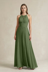 Halter A-Line Chiffon Ankle-Length Bridesmaid Dress in Moss | KISSBRIDAL