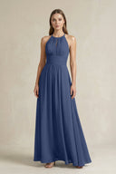Halter A - Line Chiffon Ankle - Length Bridesmaid Dress in Navy - SHE IS ME Bridesmaid Dresses