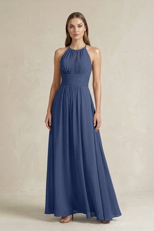 Halter A - Line Chiffon Ankle - Length Bridesmaid Dress in Navy - SHE IS ME Bridesmaid Dresses