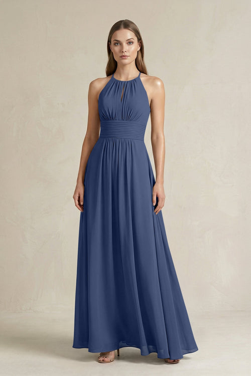 Halter A - Line Chiffon Ankle - Length Bridesmaid Dress in Navy - SHE IS ME Bridesmaid Dresses