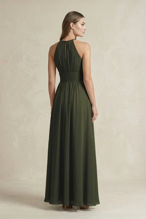 Halter A-Line Chiffon Ankle-Length Bridesmaid Dress in Olive (2) | KISSBRIDAL