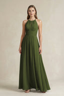Halter A - Line Chiffon Ankle - Length Bridesmaid Dress in Olive - SHE IS ME Bridesmaid Dresses
