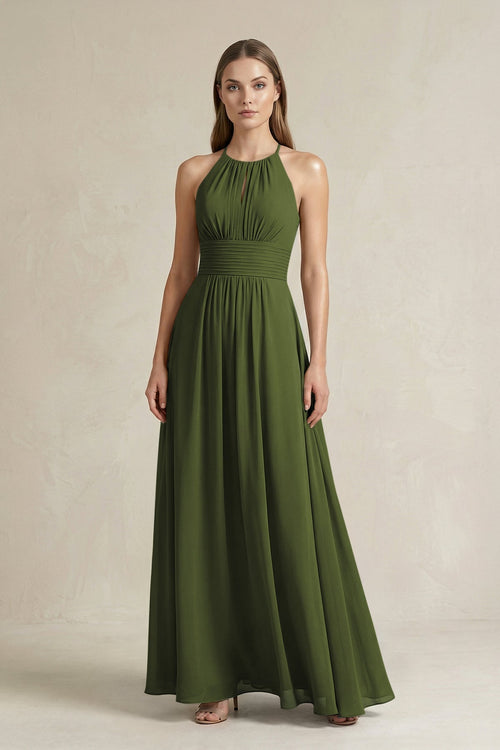 Halter A - Line Chiffon Ankle - Length Bridesmaid Dress in Olive - SHE IS ME Bridesmaid Dresses