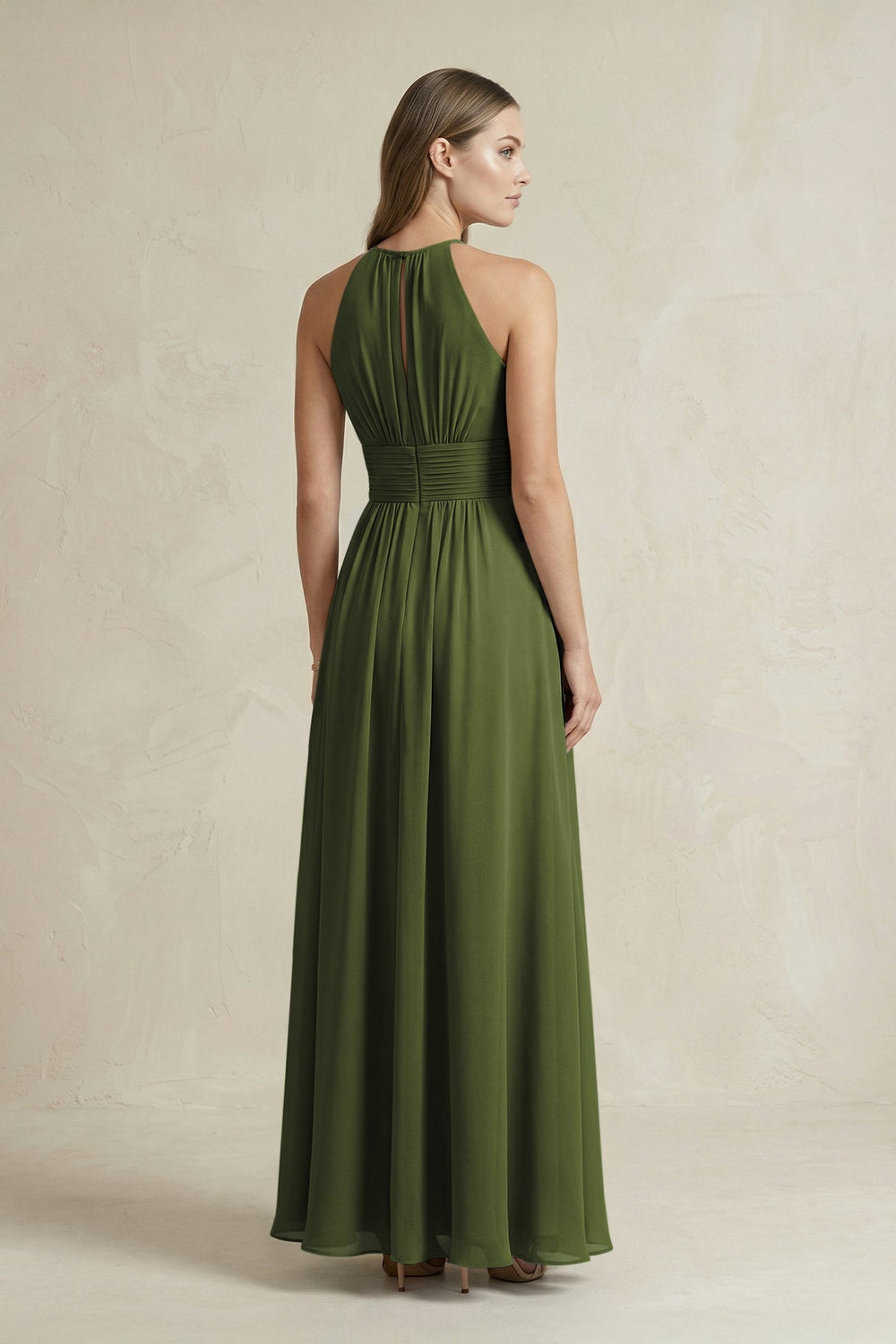 Halter A - Line Chiffon Ankle - Length Bridesmaid Dress in Olive - KISS BRIDAL Bridesmaid Dresses