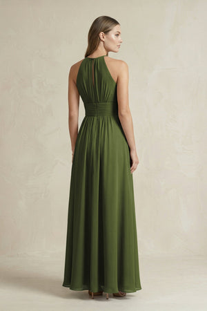Halter A - Line Chiffon Ankle - Length Bridesmaid Dress in Olive - SHE IS ME Bridesmaid Dresses