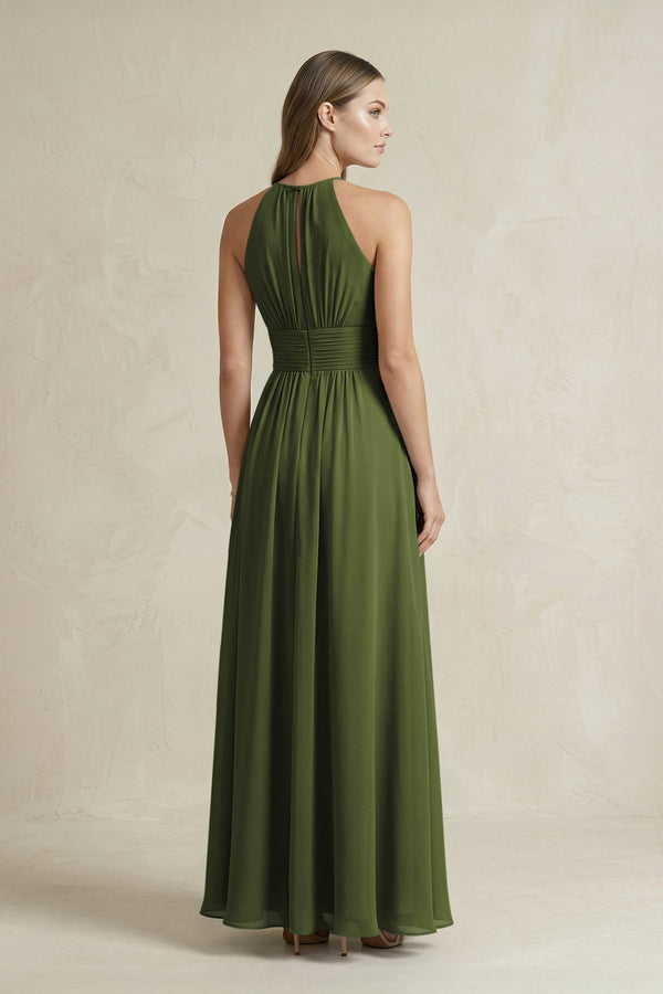 Halter A - Line Chiffon Ankle - Length Bridesmaid Dress in Olive - SHE IS ME Bridesmaid Dresses