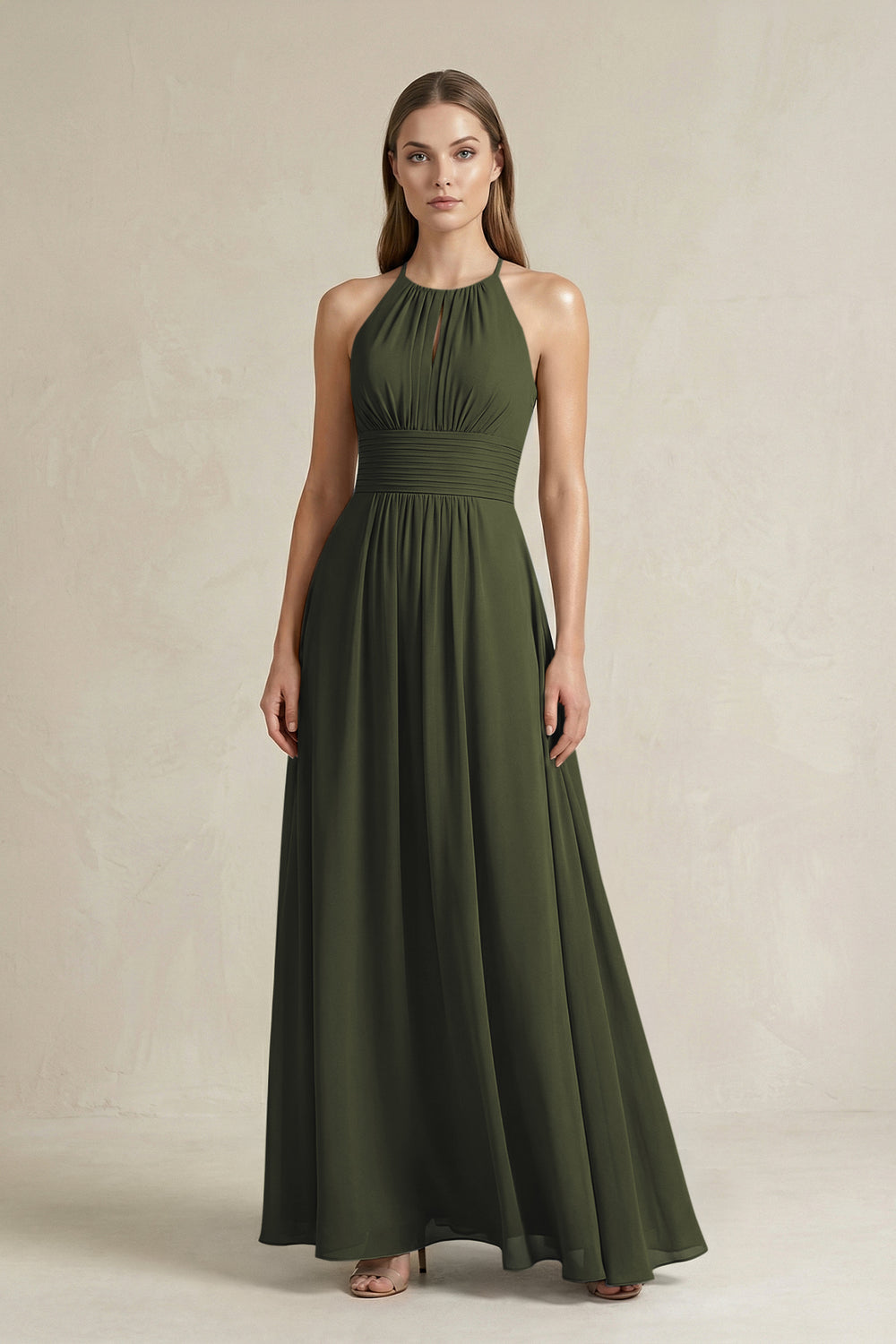 Halter A-Line Chiffon Ankle-Length Bridesmaid Dress in Olive
