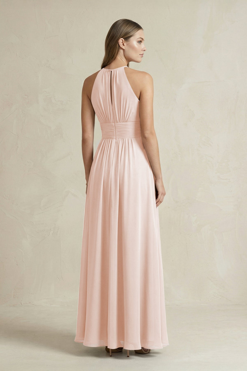 Halter A - Line Chiffon Ankle - Length Bridesmaid Dress in Pale Blush - KISS BRIDAL Bridesmaid Dresses