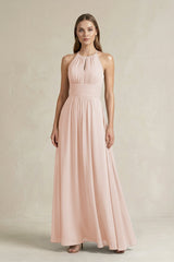 Halter A - Line Chiffon Ankle - Length Bridesmaid Dress in Pale Blush - KISS BRIDAL Bridesmaid Dresses