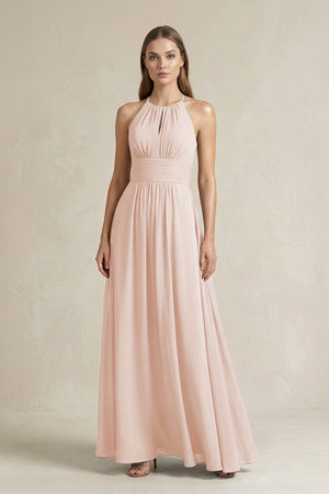 Halter A - Line Chiffon Ankle - Length Bridesmaid Dress in Pale Blush - SHE IS ME Bridesmaid Dresses