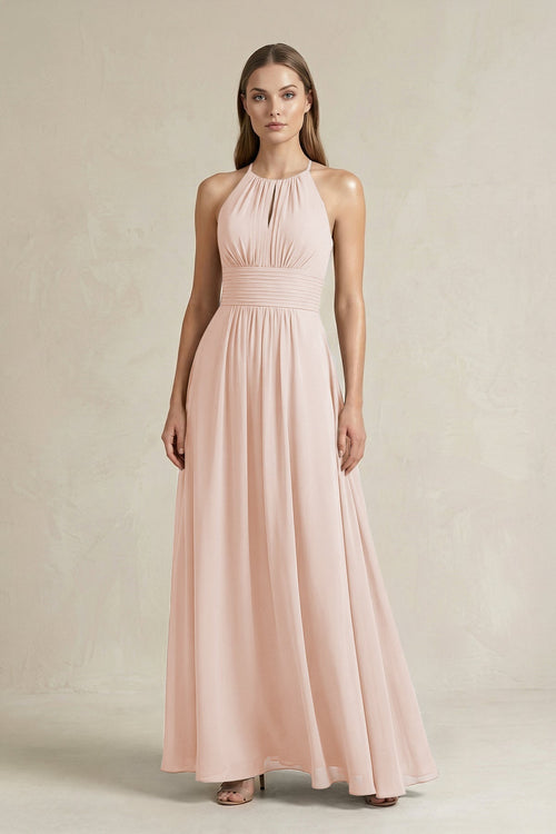 Halter A - Line Chiffon Ankle - Length Bridesmaid Dress in Pale Blush - SHE IS ME Bridesmaid Dresses