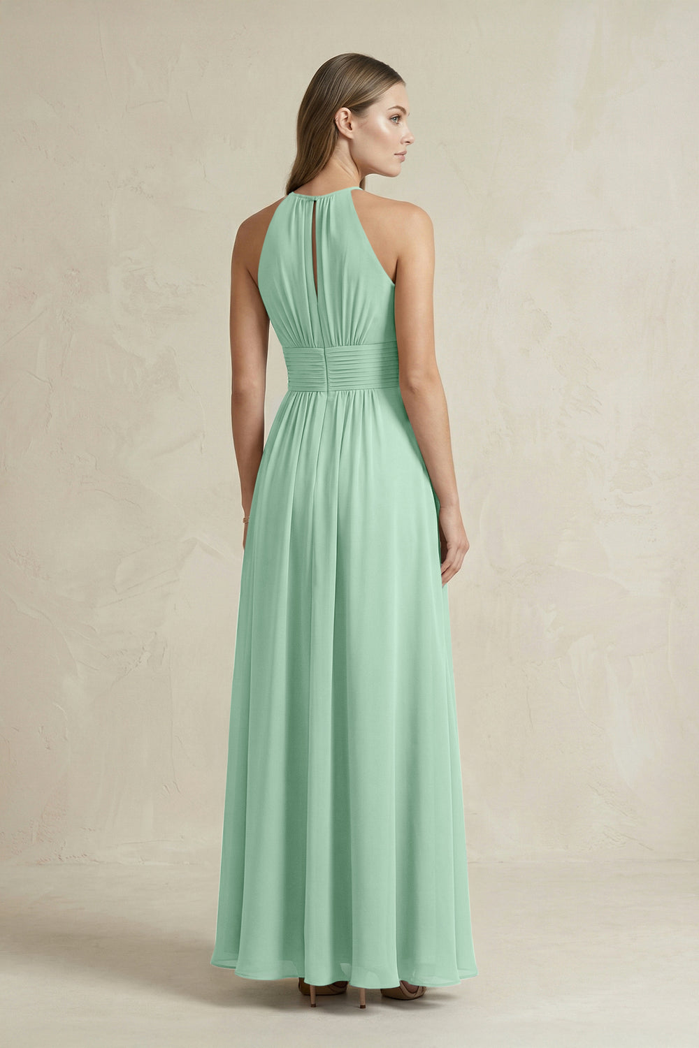 Halter A-Line Chiffon Ankle-Length Bridesmaid Dress in Pale Pistachio