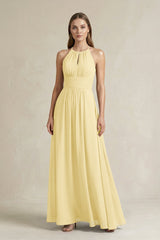 Halter A - Line Chiffon Ankle - Length Bridesmaid Dress in Pastel Yellow - KISS BRIDAL Bridesmaid Dresses
