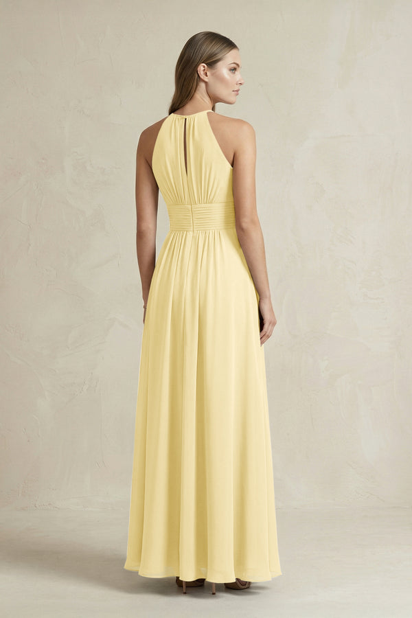 Halter A - Line Chiffon Ankle - Length Bridesmaid Dress in Pastel Yellow - SHE IS ME Bridesmaid Dresses