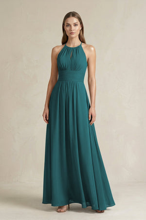 Halter A - Line Chiffon Ankle - Length Bridesmaid Dress in Pine - SHE IS ME Bridesmaid Dresses