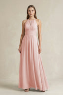 Halter A-Line Chiffon Ankle-Length Bridesmaid Dress in Rose Petal | KISSBRIDAL