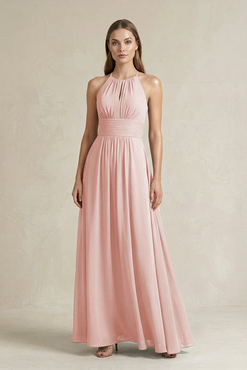 Halter A-Line Chiffon Ankle-Length Bridesmaid Dress in Rose Petal | KISSBRIDAL