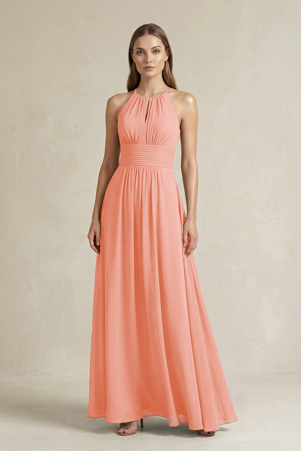 Halter A - Line Chiffon Ankle - Length Bridesmaid Dress in Rosette - KISS BRIDAL Bridesmaid Dresses