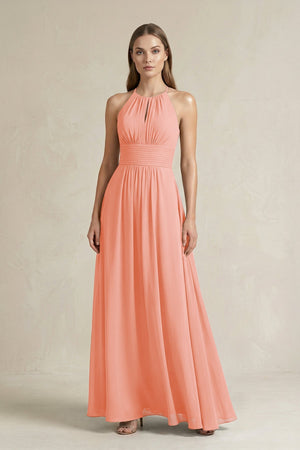Halter A - Line Chiffon Ankle - Length Bridesmaid Dress in Rosette - SHE IS ME Bridesmaid Dresses
