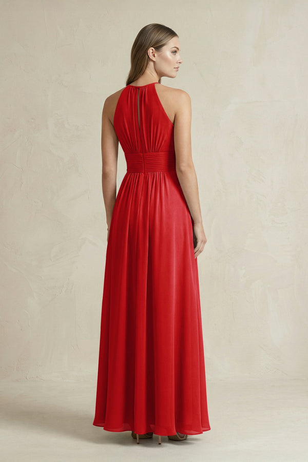 Halter A - Line Chiffon Ankle - Length Bridesmaid Dress in Ruby Red - SHE IS ME Bridesmaid Dresses