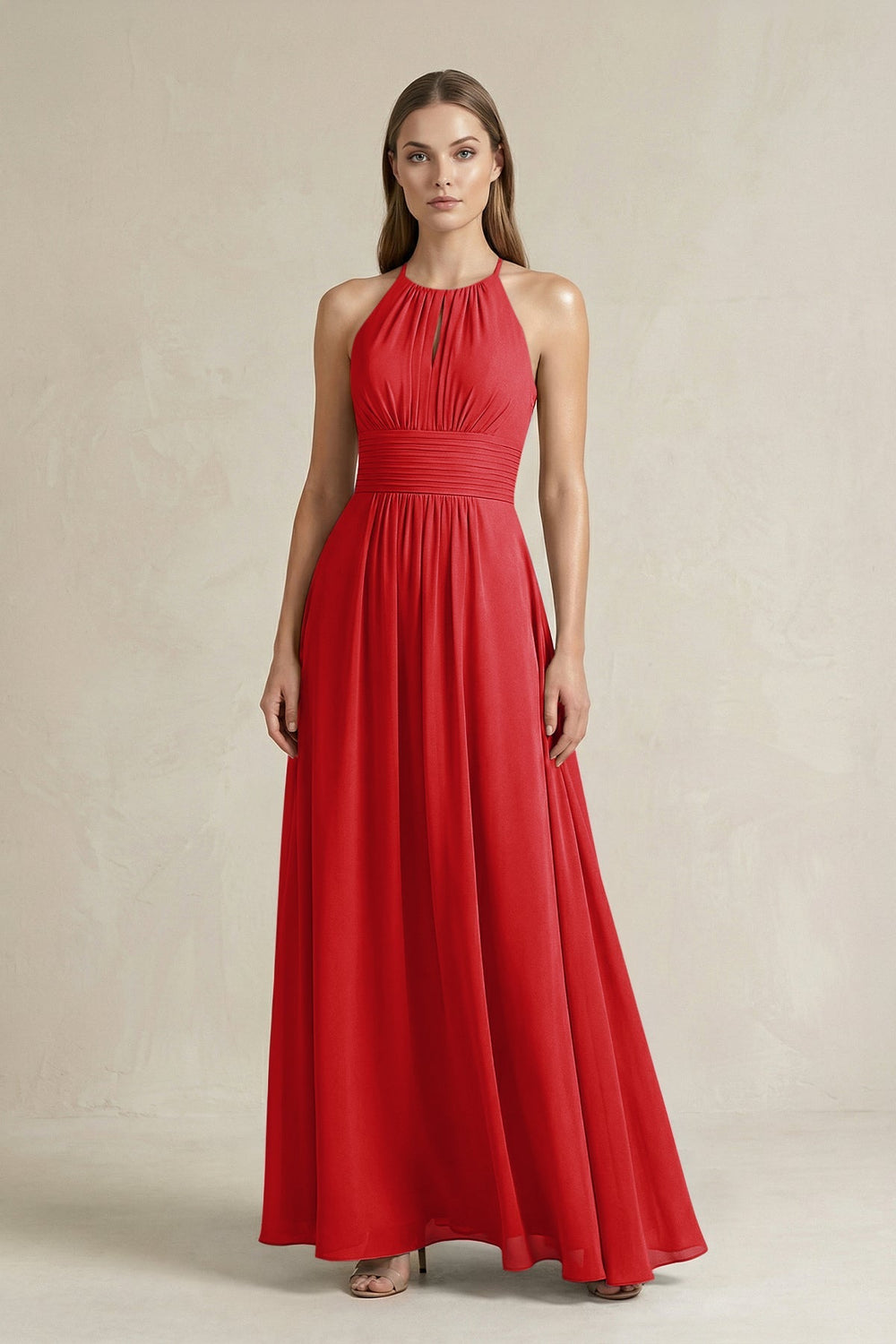 Halter A - Line Chiffon Ankle - Length Bridesmaid Dress in Ruby Red - KISS BRIDAL Bridesmaid Dresses