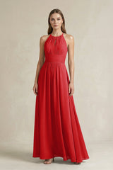 Halter A - Line Chiffon Ankle - Length Bridesmaid Dress in Ruby Red - KISS BRIDAL Bridesmaid Dresses