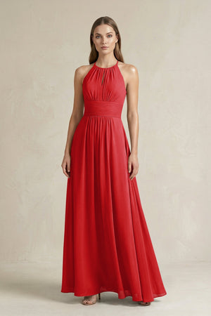 Halter A - Line Chiffon Ankle - Length Bridesmaid Dress in Ruby Red - SHE IS ME Bridesmaid Dresses