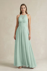 Halter A-Line Chiffon Ankle-Length Bridesmaid Dress in Sage | KISSBRIDAL