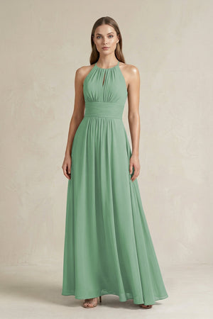 Halter A - Line Chiffon Ankle - Length Bridesmaid Dress in Sea Glass - SHE IS ME Bridesmaid Dresses
