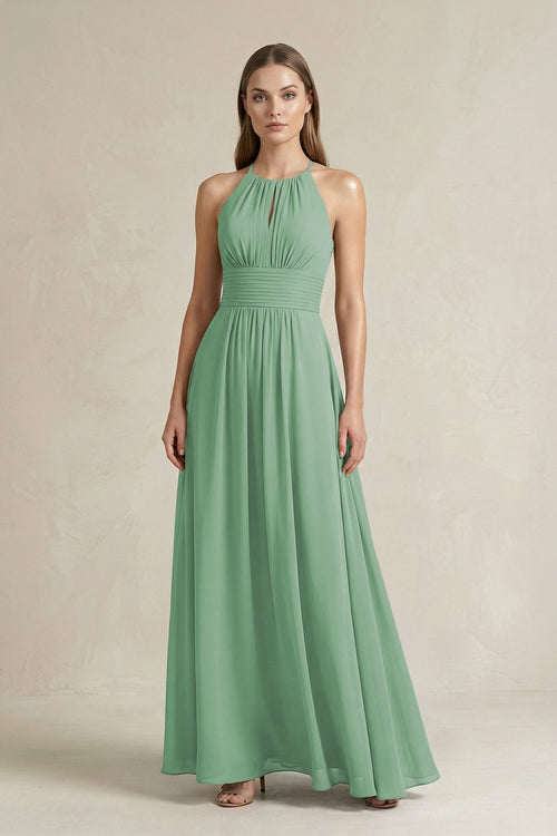Halter A - Line Chiffon Ankle - Length Bridesmaid Dress in Sea Glass - SHE IS ME Bridesmaid Dresses