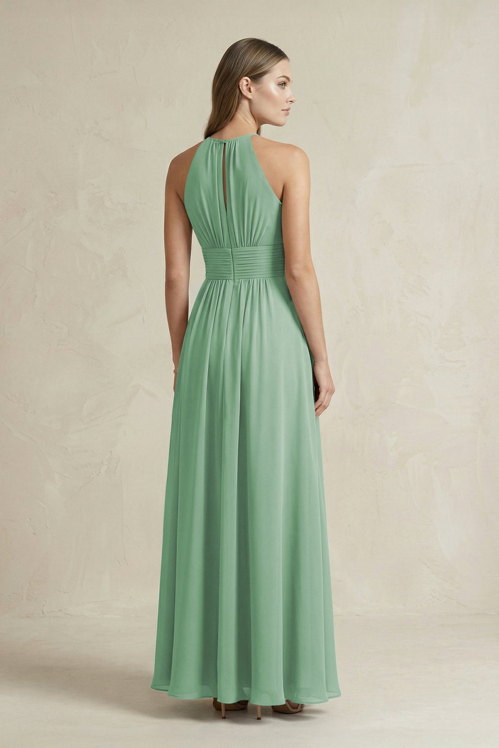 Halter A - Line Chiffon Ankle - Length Bridesmaid Dress in Sea Glass - KISS BRIDAL Bridesmaid Dresses