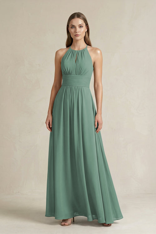 Halter A-Line Chiffon Ankle-Length Bridesmaid Dress in Sea Glass | KISSBRIDAL