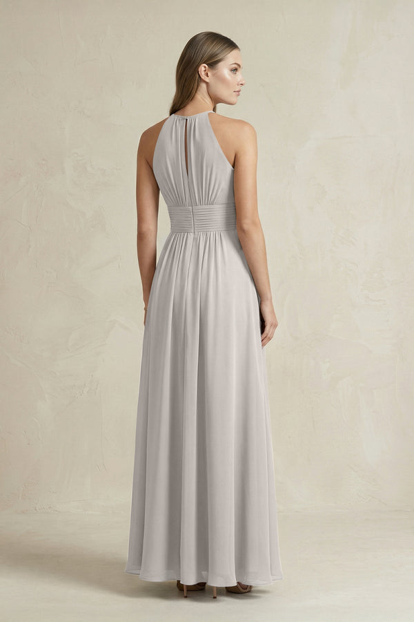 Halter A - Line Chiffon Ankle - Length Bridesmaid Dress in Silver - SHE IS ME Bridesmaid Dresses