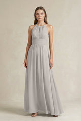 Halter A - Line Chiffon Ankle - Length Bridesmaid Dress in Silver - KISS BRIDAL Bridesmaid Dresses
