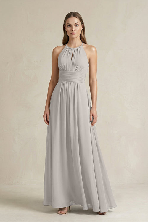Halter A - Line Chiffon Ankle - Length Bridesmaid Dress in Silver - SHE IS ME Bridesmaid Dresses