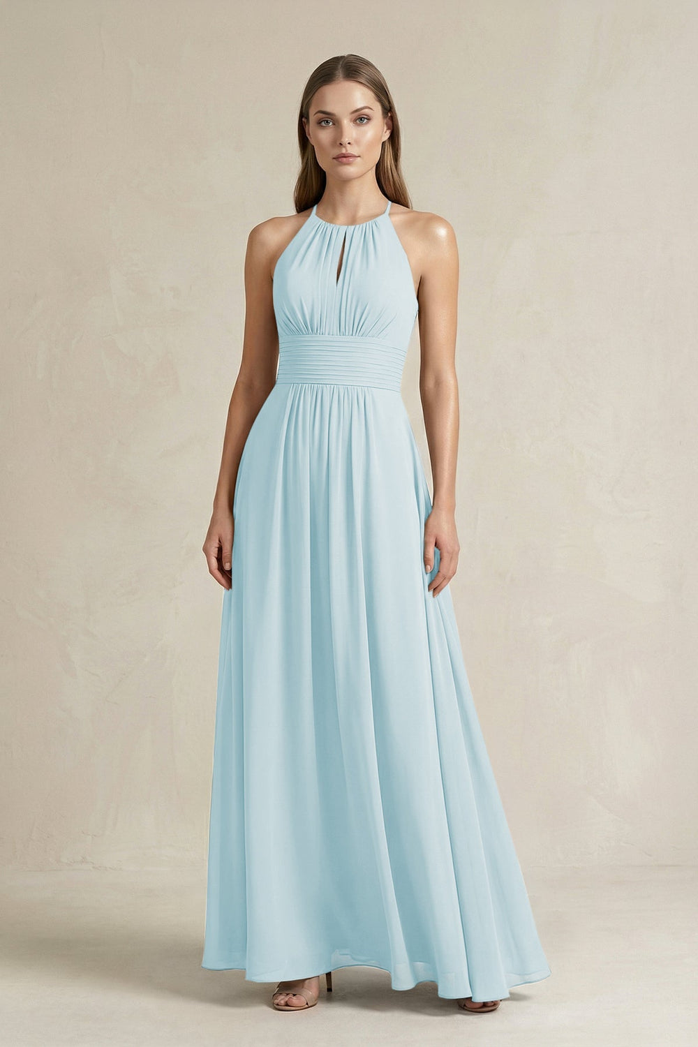 Halter A - Line Chiffon Ankle - Length Bridesmaid Dress in Sky Blue - KISS BRIDAL Bridesmaid Dresses