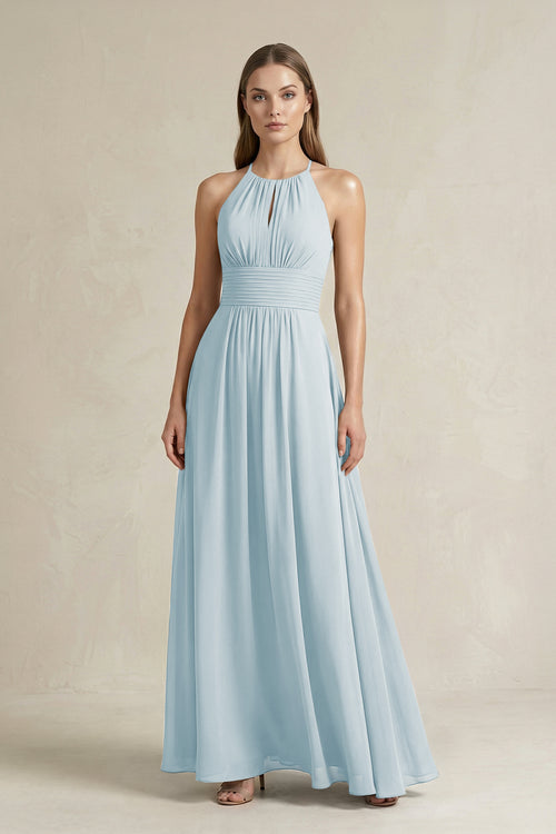 Halter A-Line Chiffon Ankle-Length Bridesmaid Dress in Sky Blue | KISSBRIDAL