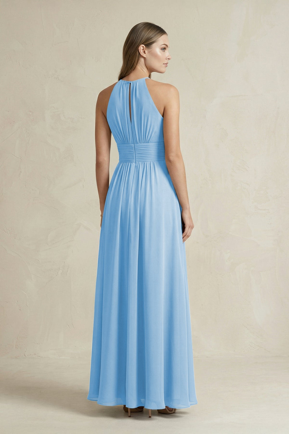 Halter A - Line Chiffon Ankle - Length Bridesmaid Dress in Steel Blue - KISS BRIDAL Bridesmaid Dresses