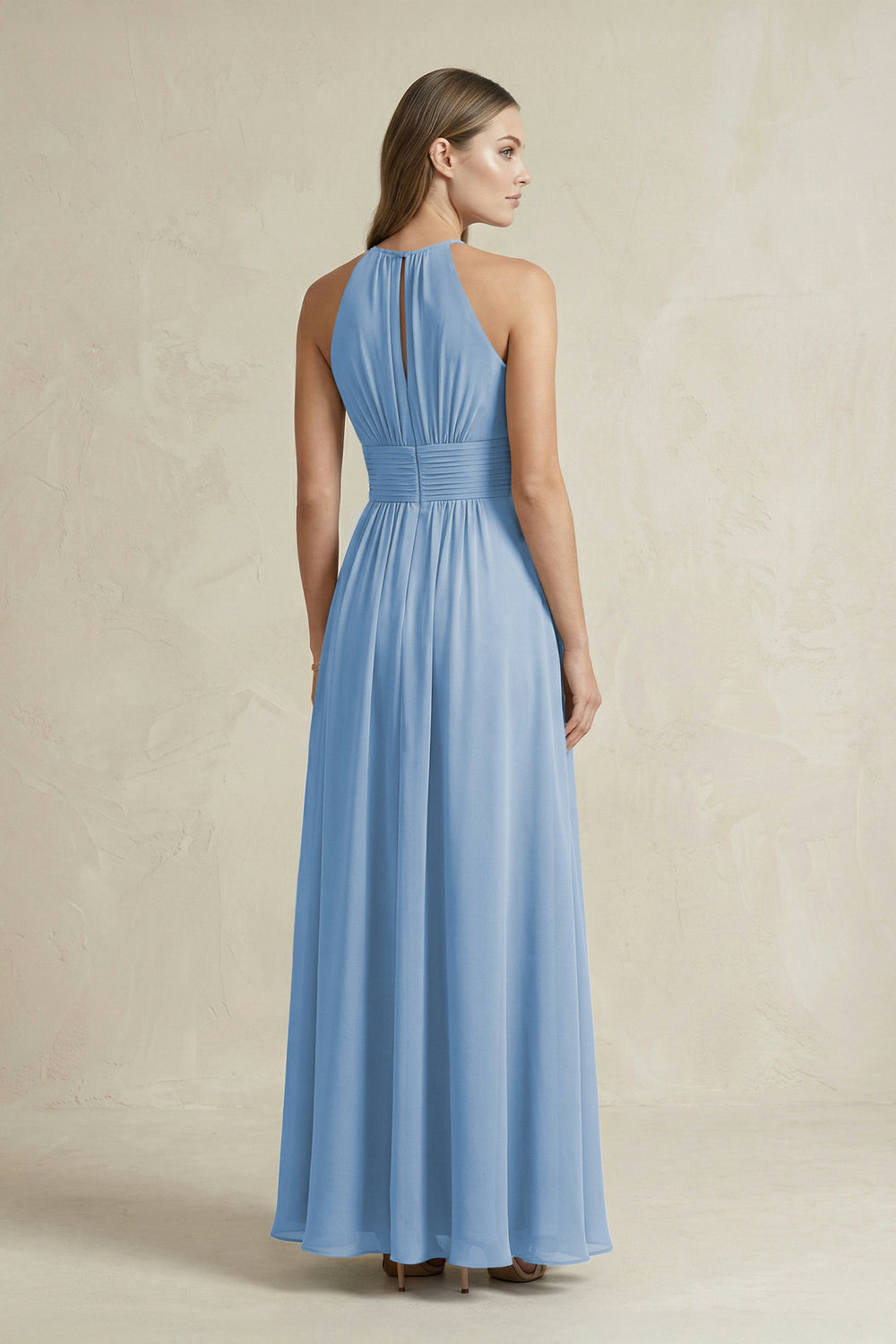 Halter A-Line Chiffon Ankle-Length Bridesmaid Dress in Steel Blue