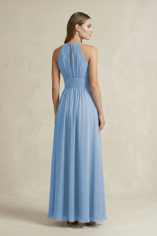 Halter A-Line Chiffon Ankle-Length Bridesmaid Dress in Steel Blue (2) | KISSBRIDAL