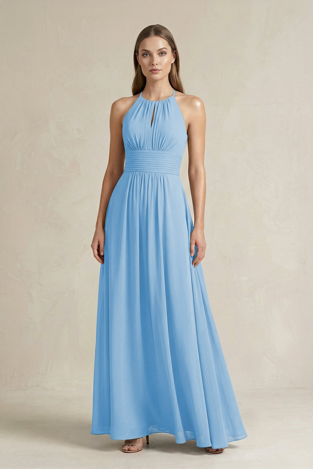 Halter A - Line Chiffon Ankle - Length Bridesmaid Dress in Steel Blue - KISS BRIDAL Bridesmaid Dresses