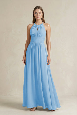 Halter A - Line Chiffon Ankle - Length Bridesmaid Dress in Steel Blue - SHE IS ME Bridesmaid Dresses