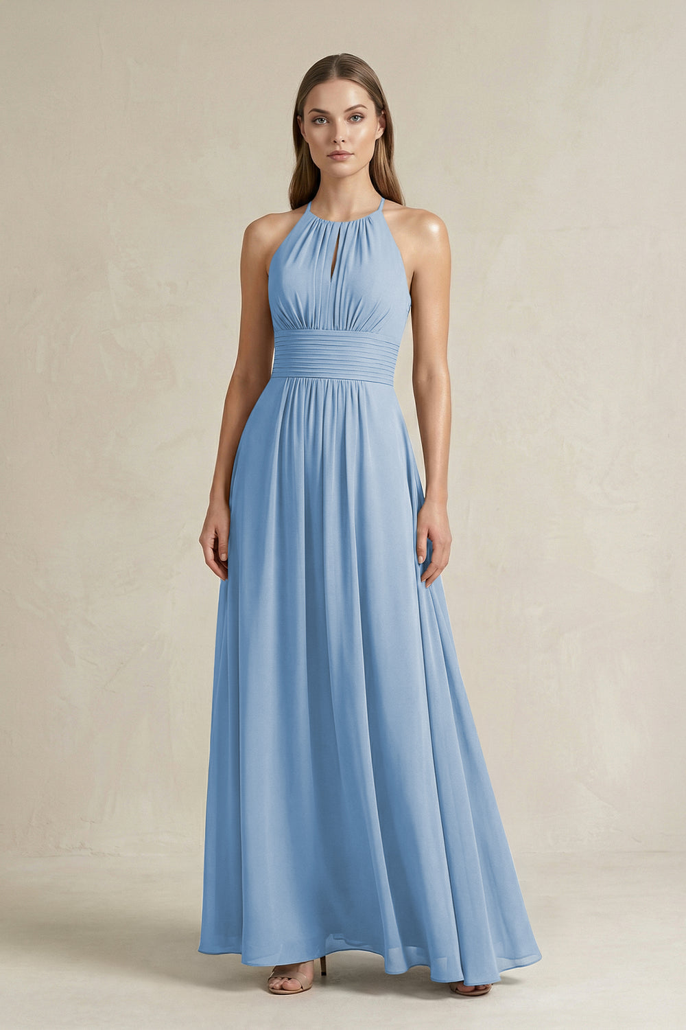Halter A-Line Chiffon Ankle-Length Bridesmaid Dress in Steel Blue
