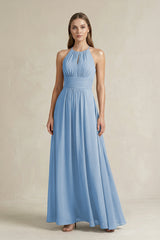 Halter A-Line Chiffon Ankle-Length Bridesmaid Dress in Steel Blue | KISSBRIDAL