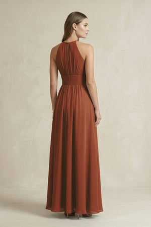 Halter A-Line Chiffon Ankle-Length Bridesmaid Dress in Terracotta (2) | KISSBRIDAL