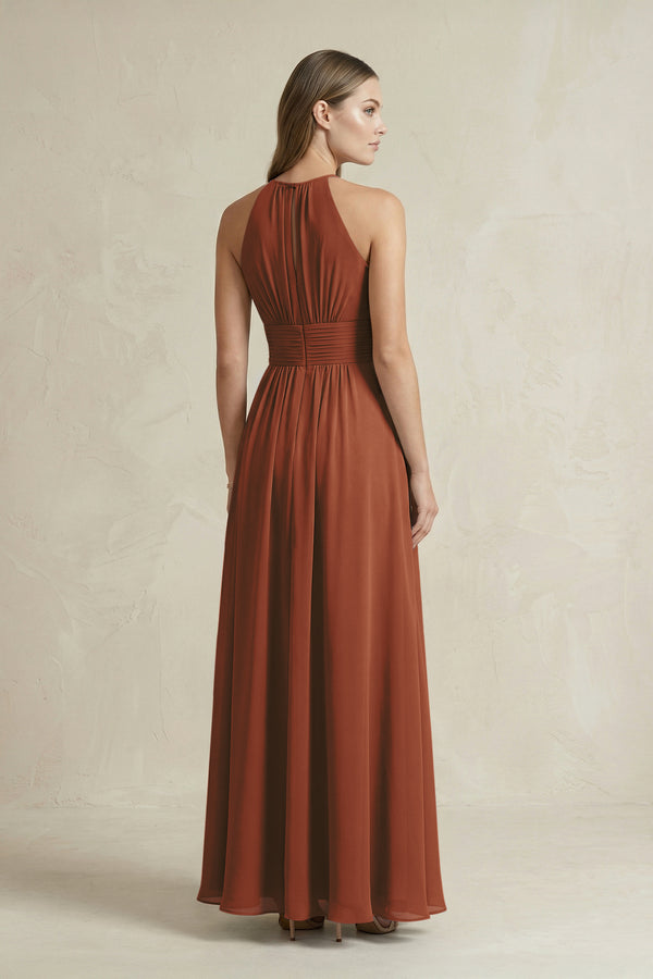 Halter A-Line Chiffon Ankle-Length Bridesmaid Dress in Terracotta (2) | KISSBRIDAL