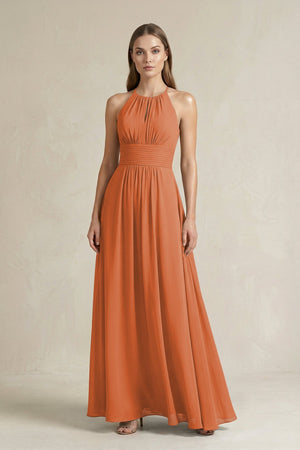 Halter A - Line Chiffon Ankle - Length Bridesmaid Dress in Terracotta - SHE IS ME Bridesmaid Dresses