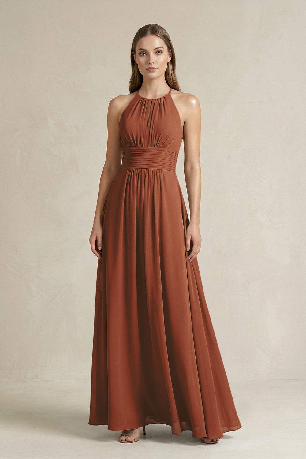 Halter A-Line Chiffon Ankle-Length Bridesmaid Dress in Terracotta