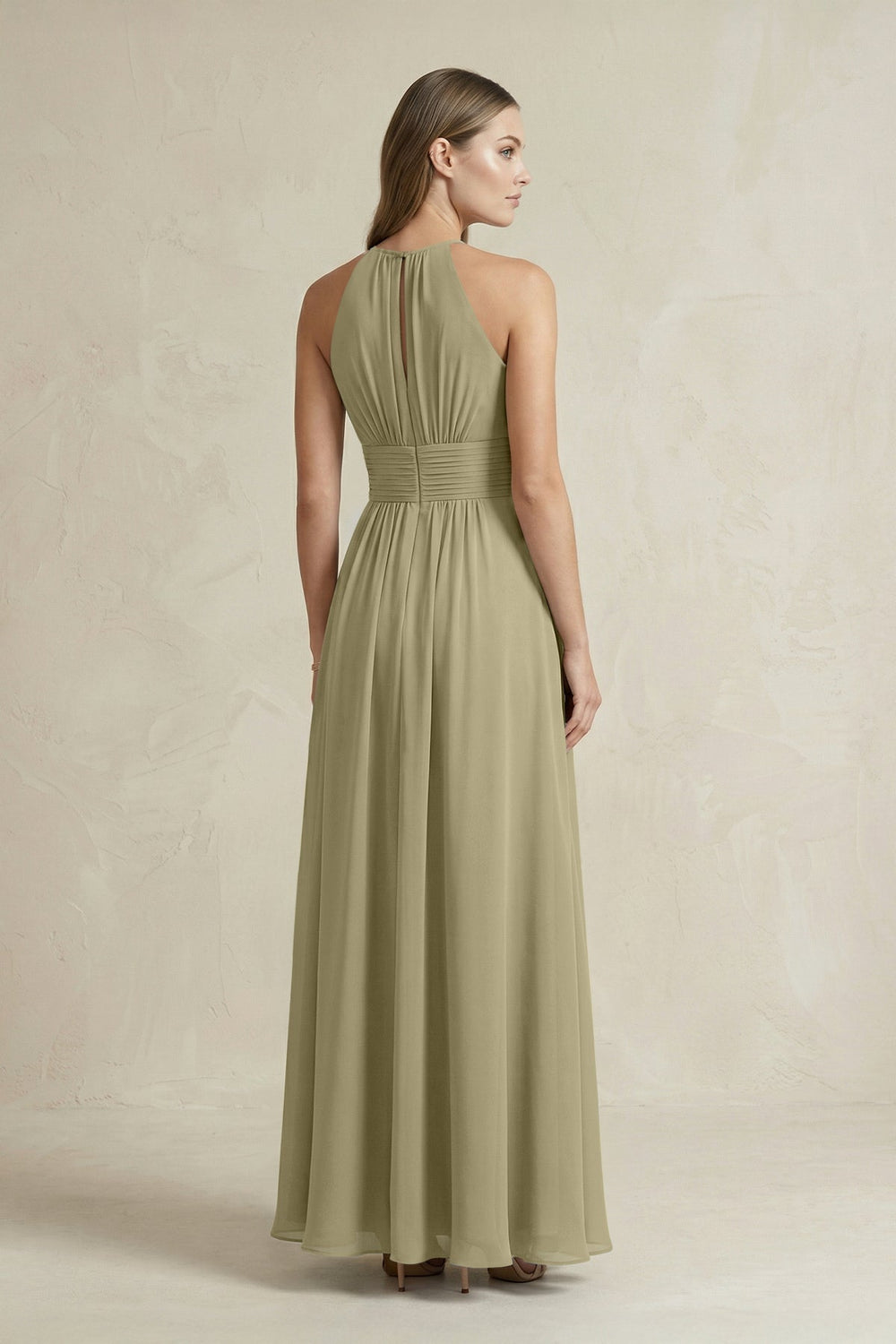 Halter A - Line Chiffon Ankle - Length Bridesmaid Dress in Thyme - KISS BRIDAL Bridesmaid Dresses
